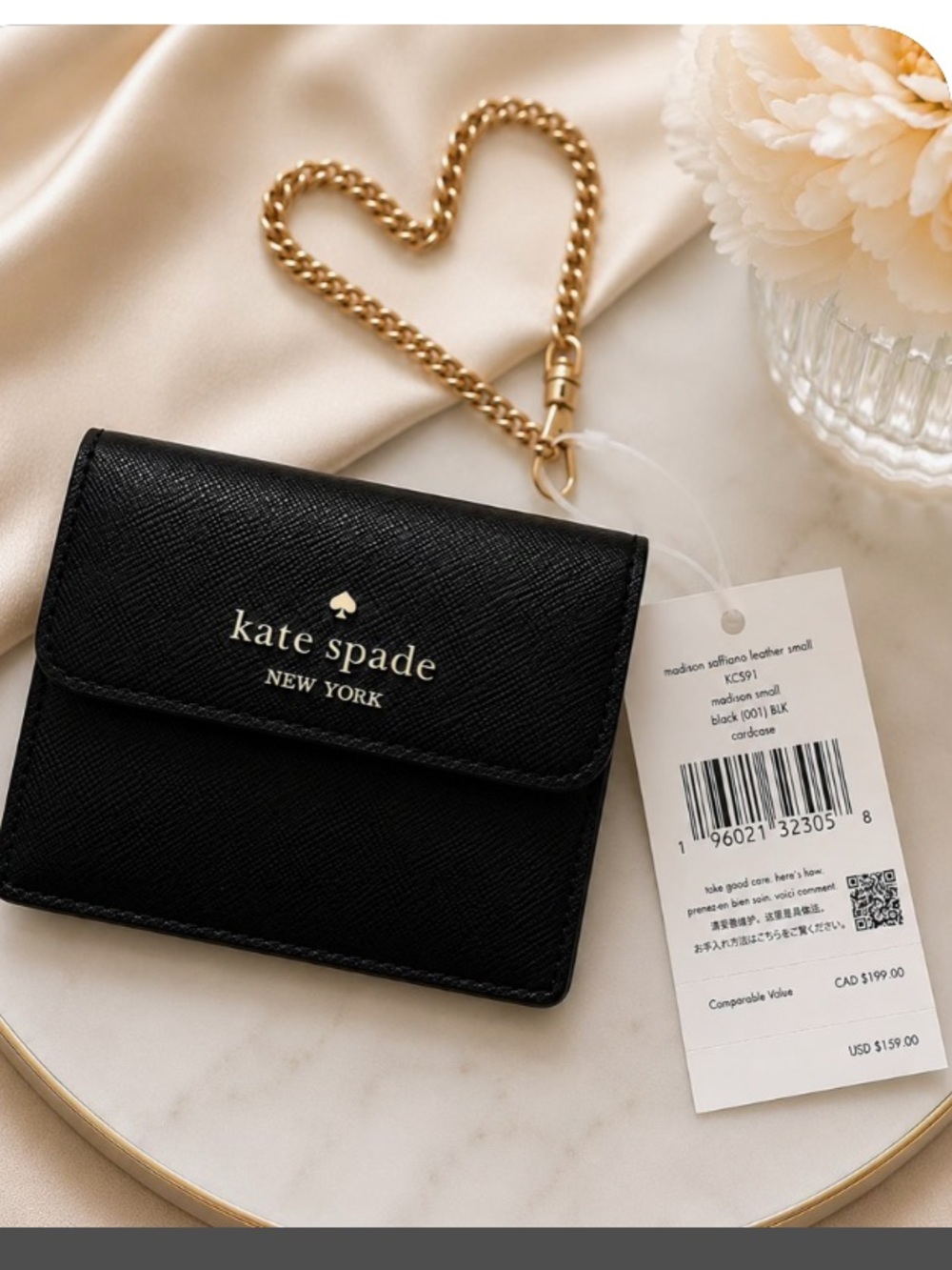 kate spade Black Leather Card & Key Wallet with Gold Chain NWT